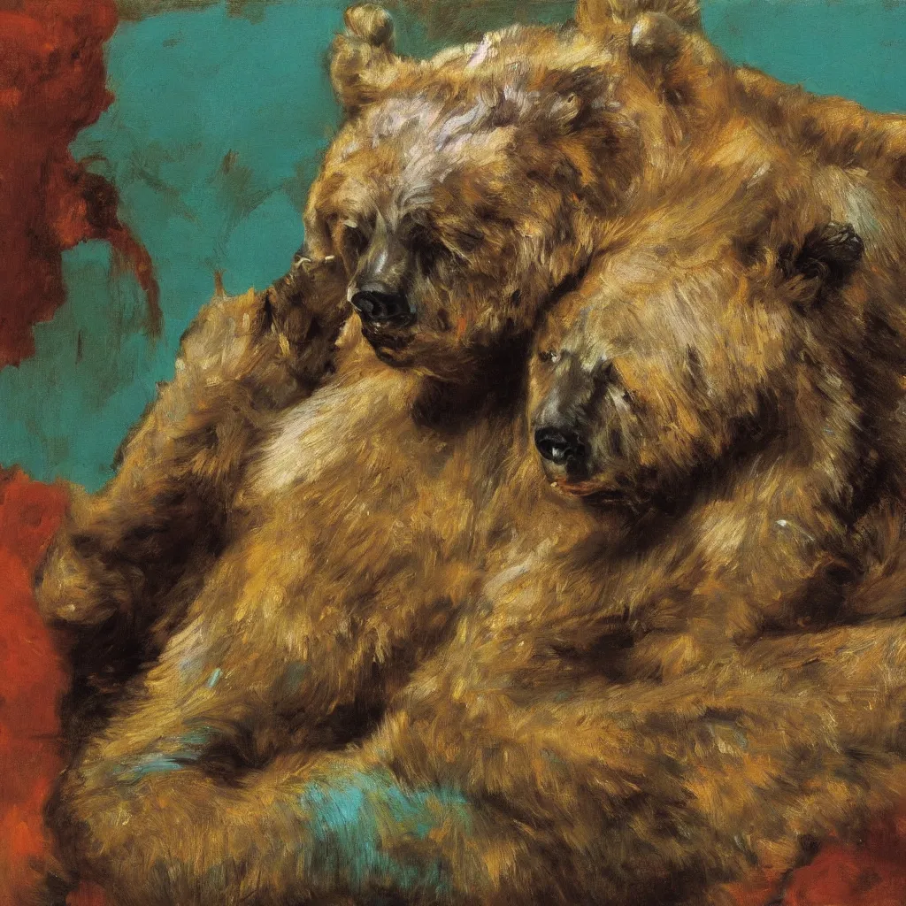 Image similar to high quality high detail painting by lucian freud, jenny savile, ilya repin and john singer sargent, bear, turquoise, hd