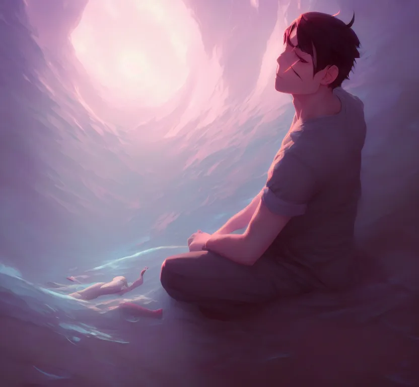 Image similar to ' lost in a lucid dream, my soul drifted away'says the depressed man, by artgerm, stephen bliss, greg rutkowski, loish, rhads, makoto shinkai and lois van baarle, ilya kuvshinov, rossdraws.