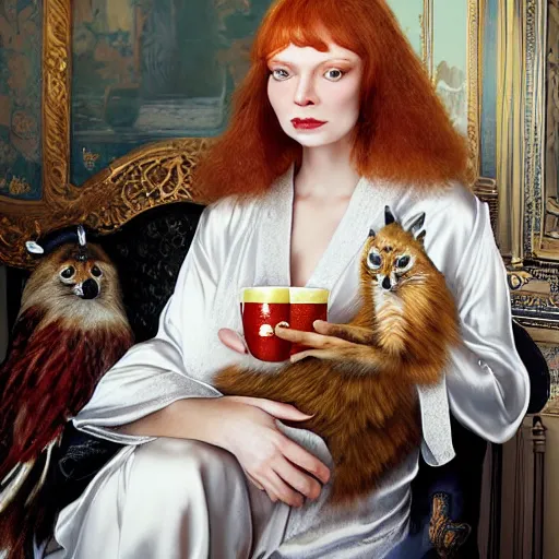 Prompt: a stunning hyper-detailed photorealistic painting of only one slender beautiful smiling woman with long ginger hair and bangs, wearing a luxurious silk robe, wearing headphones and posing with her large ginger tabby cat and her raccoon and parrots in an overstuffed easy chair in her sunlit victorian living room, holding a porcelain parrot-shaped coffee mug and a donut, perfect eyes, fashion photography, cinematic lighting, octane render, IBEX Masters, unreal engine, 85 mm lens, paisley wallpaper