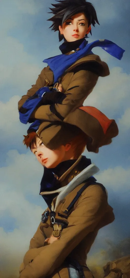 Prompt: oil painting of tracer overwatch in a field wearing blue uniform and black spiked collar, in style of ivan aivazovsky, expressive face, detailed face, detailed eyes, full body, feminine face, tracer overwatch,