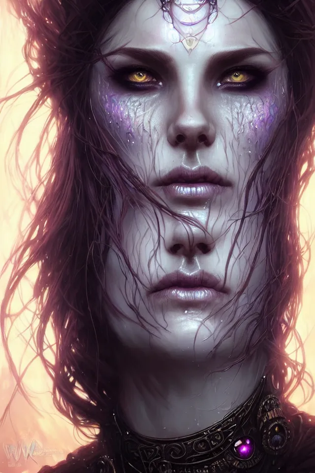 Image similar to Necromancer Sorceress face close-up macro in center, fantasy magic, undercut hairstyle, dark light night, intricate, elegant, sharp focus, illustration, highly detailed, digital painting, concept art, matte, art by WLOP and Artgerm and Greg Rutkowski and Alphonse Mucha, masterpiece