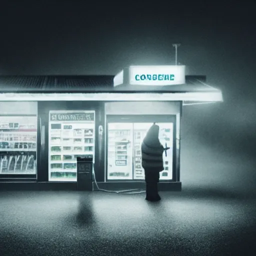 Image similar to a convenience store at a gas station in the dark and misty night, observed from afar in the fog, cyberpunk style ( 2 0 6 0 )