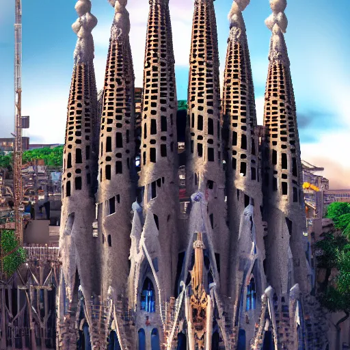 Prompt: finished version of sagrada familia by Gaudí, 4k, unreal engine, light particles, artstation