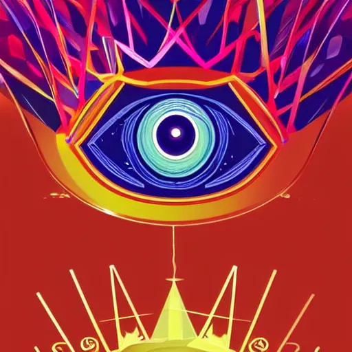 Prompt: a glowing crown sitting on a table with one beautiful eye mounted on it like a jewel, night time, vast cosmos, geometric light rays, bold black lines, flat colors, minimal psychedelic 1 9 6 0 s poster illustration