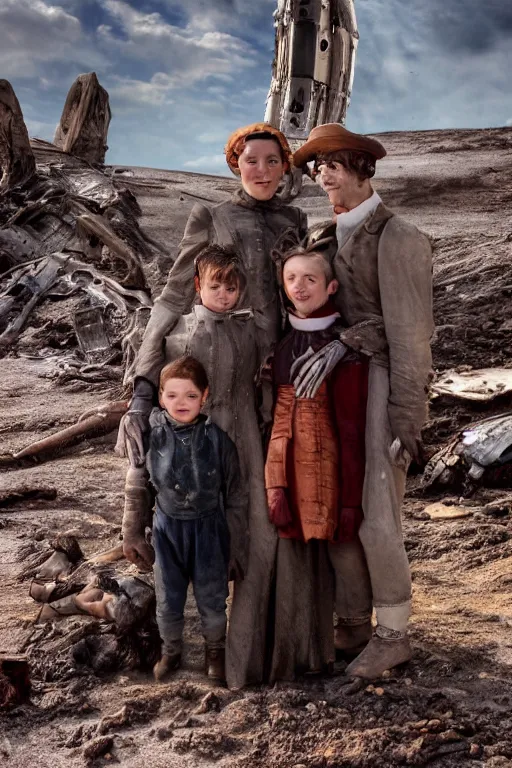 Prompt: extremely sharp, detailed, from blockbuster 8 k sci fi color movie freeze frame, set 1 8 6 0, family standing in front of crashed spaceship, on alien planet, looking happy, wearing 1 8 5 0 s era clothes, atmospheric lighting, in focus, reflective eyes, - 9 9 9 mm macro lens, live action, nice composition, good photography, extremely sharp faces