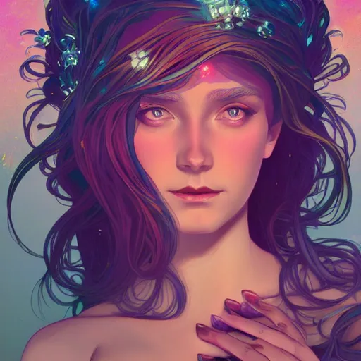 Prompt: Goddess of galaxies, ambient lighting, 4k, alphonse mucha, lois van baarle, ilya kuvshinov, rossdraws, artstation