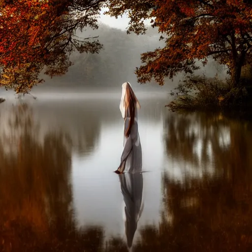 Image similar to a soaking wet ghostly woman in a white dress dancing in a quiet misty lake, high resolution photograph, late autumn, sunset, eerie light