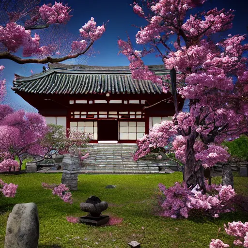 Image similar to ancient japanese temple in the infinite flowerpunk sakura tree, cinematic highly detailed artstation hyperstylized