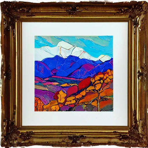 Image similar to autumnal scottish valley view with snowy mountains in the background and piercing blue sky with citrus clouds by erin hanson and tyler edlin