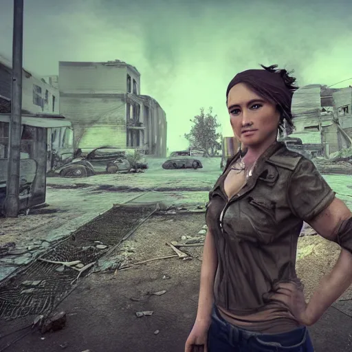 Image similar to pretty face, wide angle lens, photorealistic, 4k, background of destroyed city post apocalyptic, steakpunk, soft lighting, portrait