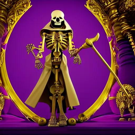 Prompt: a skeleton in a large wide purple robe, golden magical shoulder pads, in a hood, a red magic sphere in his chest, he holds a golden magic staff in his hands, stands next to a golden throne, realism, game quality, 3d render, proportions