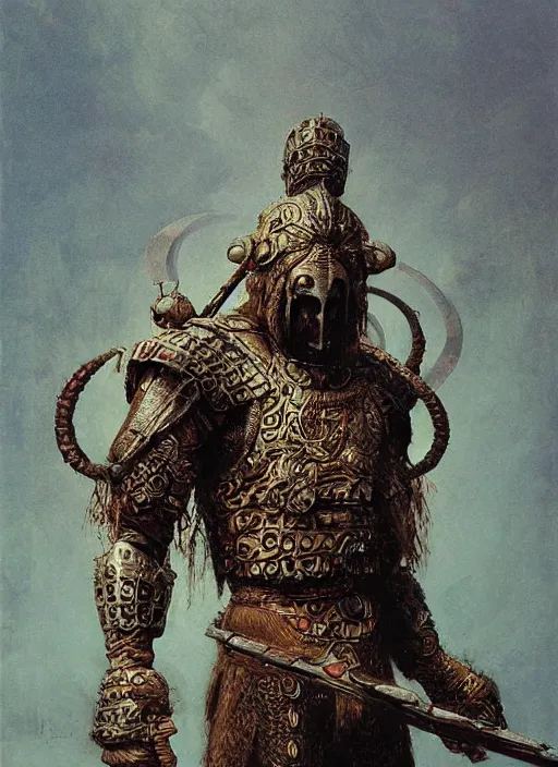 Image similar to ape warrior in ancient ornamented armor concept, beksinski, ruan jia