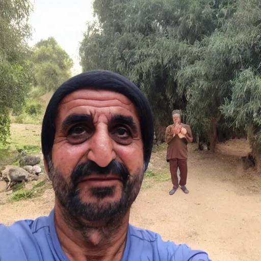 Image similar to my Kurdish dad taking a selfie with the front camera, in the background you can see a chimpanzee wearing male kurdish clothes, 4k uhd photo