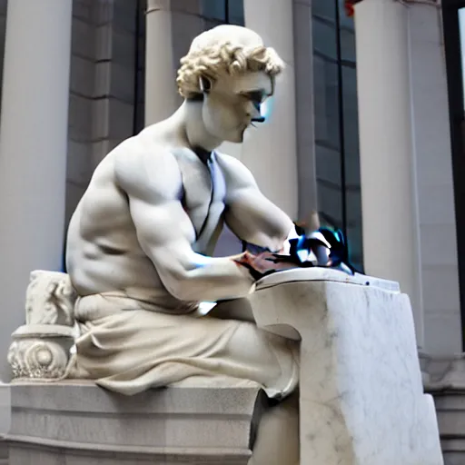 Image similar to a marble statue having trouble working on his laptop