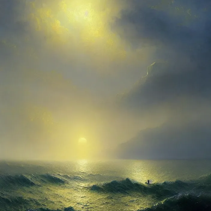 Image similar to a beautiful painting of the gold world tree on the sea by ivan aivazovsky and greg rutkowski and james gurney, in style of impressionism. dark fantasy, elden ring, hyper detailed, sharp focus, soft light. unreal engine 5. unreal engine 5 lumen. ray tracing. trending on artstation.