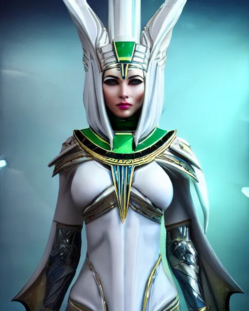 Image similar to perfect white haired attractive egyptian goddess, warframe armor, pharaoh headdress, beautiful, symmetric, dreamy, half asian, pretty face, green eyes, charlize theron, detailed, scifi platform, laboratory, experiment, 4 k, ultra realistic, epic lighting, android body, illuminated, cinematic, masterpiece, art by akihito tsukushi, voidstar