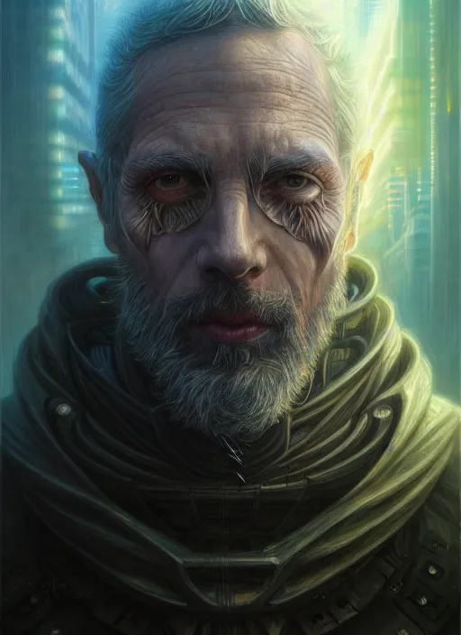 Image similar to closeup portrait shot of a cyberpunk wizard in a scenic dystopian environment, intricate, elegant, highly detailed, centered, digital painting, artstation, concept art, smooth, sharp focus, illustration, artgerm, tomasz alen kopera, peter mohrbacher, donato giancola, joseph christian leyendecker, wlop, boris vallejo