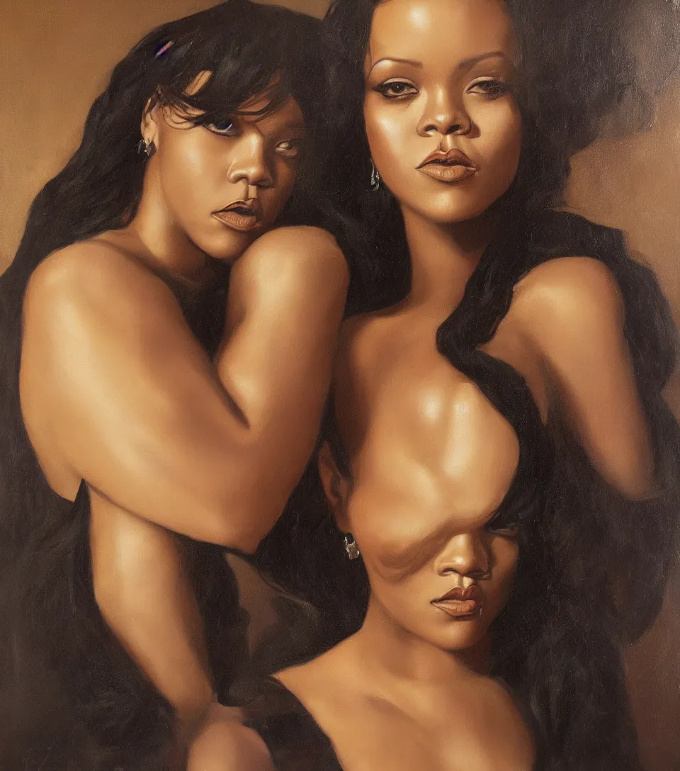 Image similar to oil painting of rihanna in the style of roberto ferri
