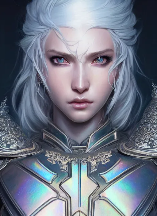 Image similar to light iridescent armor!!! long wild white hair!! covered chest!!! fantasy, d & d, intricate ornate details, digital painting, pretty face!!, symmetry, concept art, sharp focus, illustration, art by artgerm! greg rutkowski magali villeneuve wlop! ilya kuvshinov!!, octane render