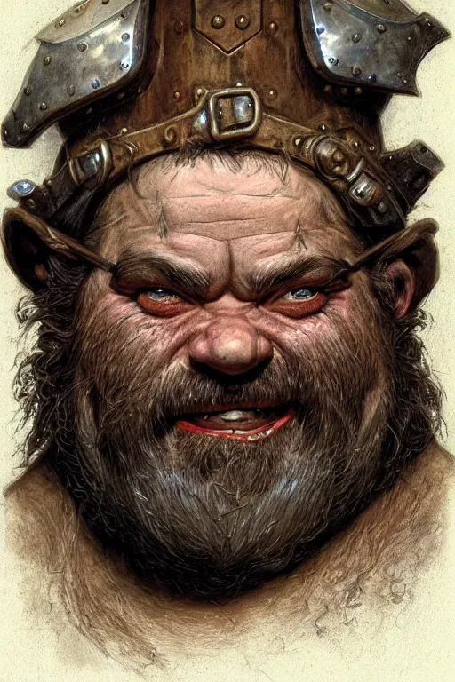 Image similar to head and shoulders portrait of a dwarf adventurer, jovial, scarred lip, grandfatherly, leather armor, male, tavern, high fantasy, d & d, by donato giancola, face details, extremely detailed, digital illustration