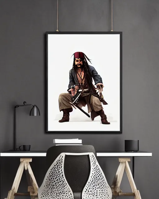 Image similar to a detailed poster in white frame hanging on the wooden wall, portrait of captain jack sparrow, in the style of ilya kuvshinov, rossdraws, wlop