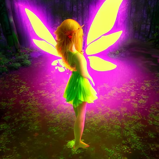 Prompt: brightly lit fairy with stained glass wings in a dim dark forest cute colorful 4 k path traced high definition detailed artstation realistic trending dramatic lighting high contrast neon defined face