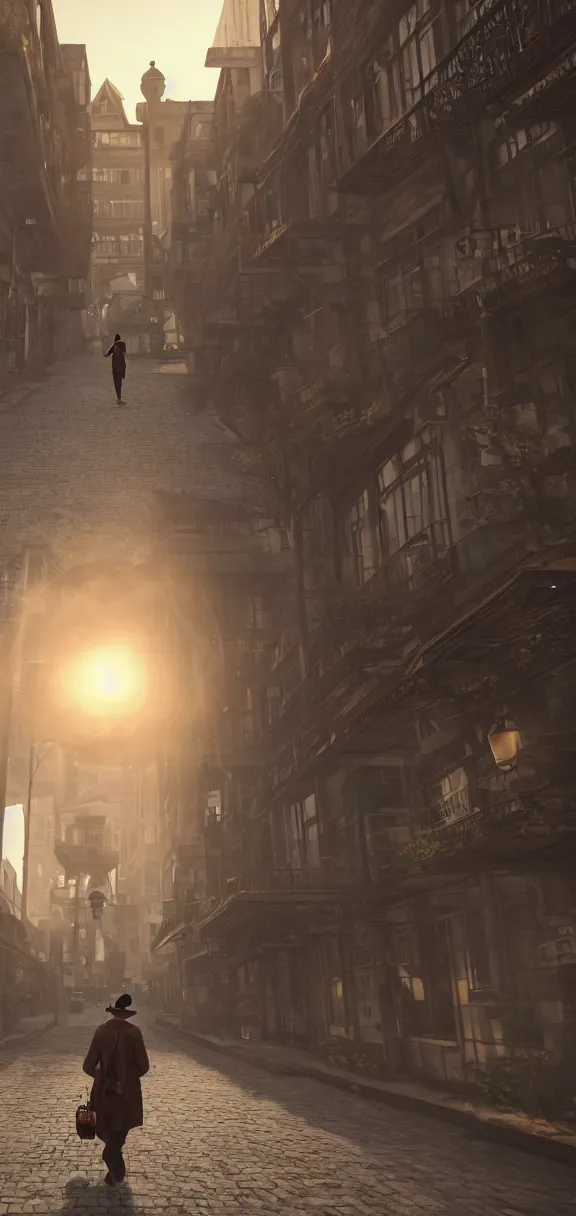 Image similar to a wandering poet with his hat and bag is walking in a quiet steampunk city in the early morning, sunrise, realistic, hyper detailed, render in unreal engine 5