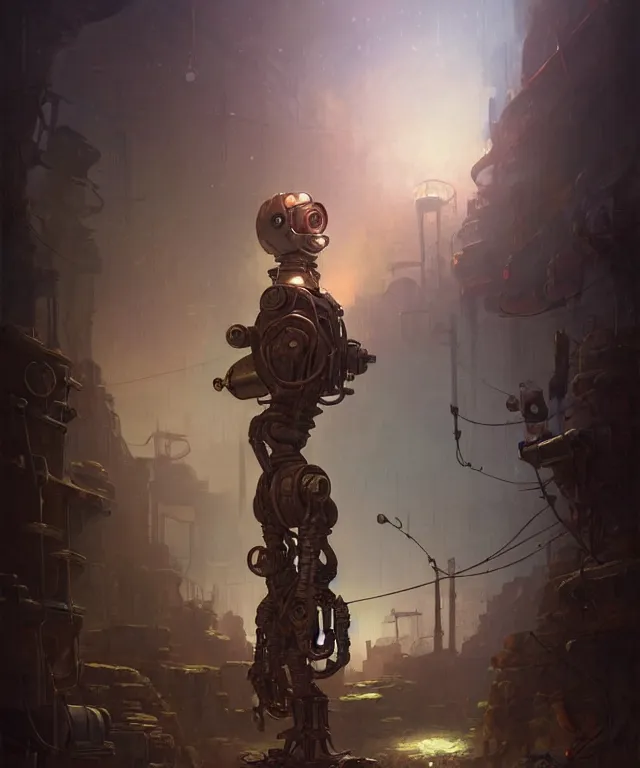 Image similar to an rusty old vintage sci - fi robot, standing an abandoned alleyway, dnd character art portrait, matte fantasy painting, deviantart artstation, by jason felix by steve argyle by tyler jacobson by peter mohrbacher, cinematic lighting