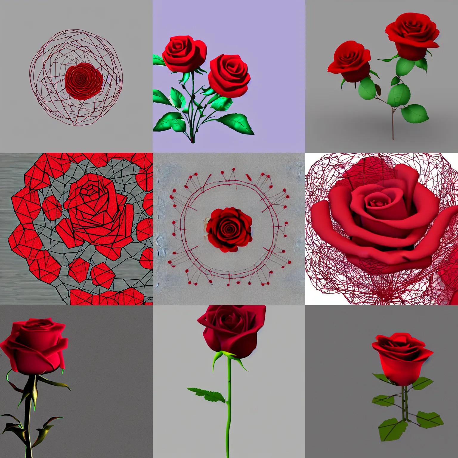 Prompt: a wireframe render of a red rose