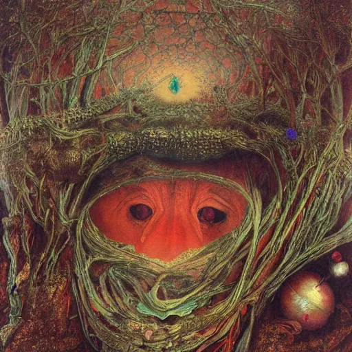 Image similar to an oil painting by botticelli, by arcimboldo, by yoshitaka amano, by beksinski seen through a kaleidoscope, detailed, high resolution