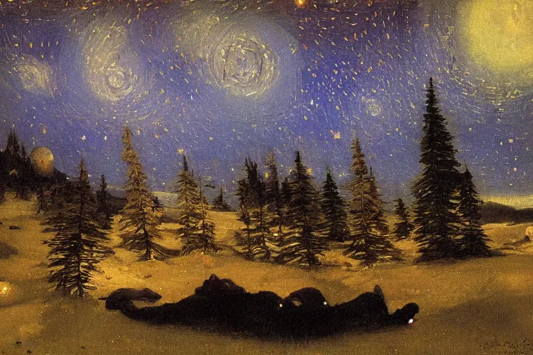 Image similar to night sky with clouds and stars, colorful, beautiful, national geographic, very detailed, oil painting, canvas, Theodor Kittelsen, Hermann Hendrich