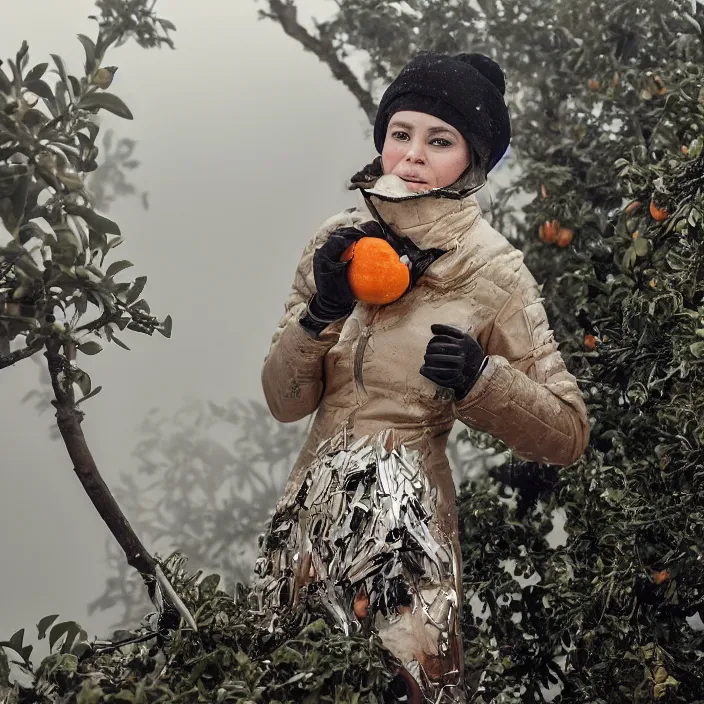 Image similar to a closeup portrait of a woman wearing a ski suit made of clouds and metal scraps, picking oranges from a tree in an orchard, foggy, moody, photograph, by vincent desiderio, canon eos c 3 0 0, ƒ 1. 8, 3 5 mm, 8 k, medium - format print