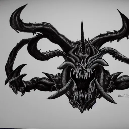 Prompt: turned three quarter view, full body shot of hoofed demon with horns in asymmetric pose, engulfed in flames, detailed greyscale drawing by Dominik Mayer
