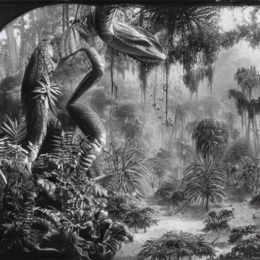 Image similar to an alien chameleon in a primordial jungle by ernst haeckel, highly detailed matte painting, 8k