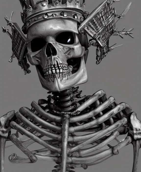 Image similar to a charcoal sketch of a cybernetically enhanced skeleton with a crown on his head, 4 k resolution, detailed, unreal engine, octane render, trending on artstation
