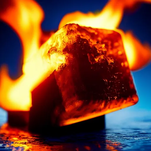 Prompt: photo of an ice cube on fire