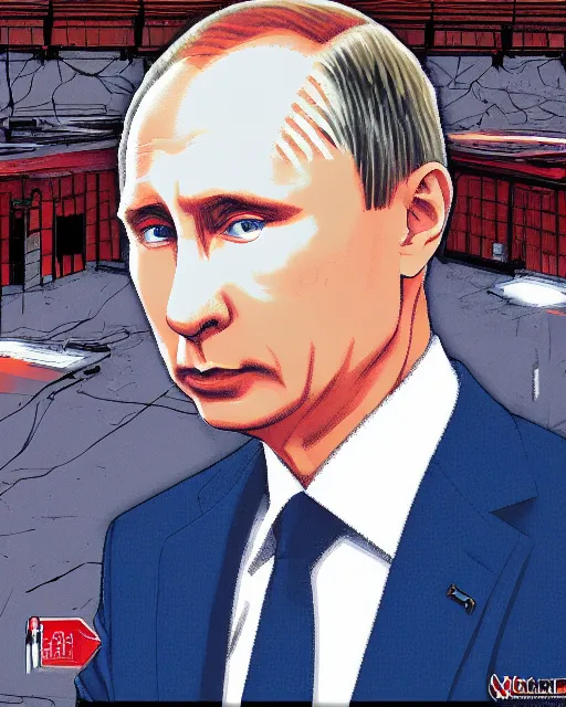 Prompt: Digital state-sponsored anime art of Vladimir Putin by A-1 studios, serious expression, empty warehouse background, highly detailed, spotlight