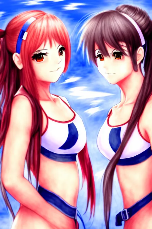 Image similar to two beautiful female fighters with pigtails facing each other, detailed anime art