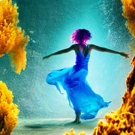 Image similar to woman dancing underwater wearing a flowing dress made of blue, magenta, and yellow seaweed, delicate coral sea bottom, swirling silver fish, swirling smoke shapes, octane render, caustics lighting from above, cinematic, hyperdetailed