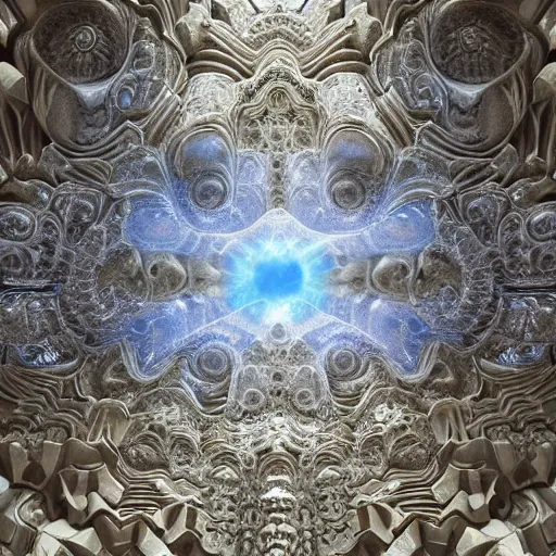 Image similar to a hyperrealistic 3 d painting of a huge sprawling fractal cathedral interior populated by mandelbrot fractals by android jones, unreal engine, carved stone, carved soap, white color scheme, volumetric lighting, octane render, dramatic lighting, glowing, carved marble, opalescent, sacred geometry, religious, angelic, catholicpunk, stark, 8 k, ultra detailed