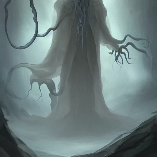 Image similar to concept designs for an ethereal ghostly wraith like figure with a squid like parasite latched onto its head and long tentacle arms that flow lazily but gracefully at its sides like a cloak while it floats around a frozen rocky tundra in the snow searching for lost souls and that hides amongst the shadows in the trees, this character has hydrokinesis and electrokinesis for the resident evil village video game franchise with inspiration from the franchise Bloodborne and the mind flayer from stranger things on netflix