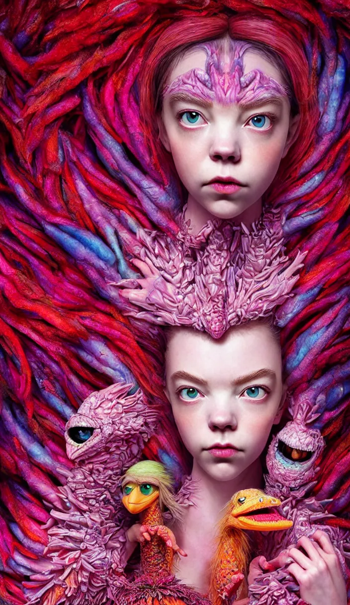 Image similar to hyper detailed 3d render like a Oil painting - kawaii portrait of two Aurora (a beautiful skeksis muppet fae princess protective playful silly from dark crystal that looks like Anya Taylor-Joy with mascara) seen red carpet photoshoot in UVIVF posing in scaly dress to Eat of the Strangling network of yellowcake aerochrome and milky Fruit and His delicate Hands hold of gossamer polyp blossoms bring iridescent fungal flowers whose spores black the foolish stars by Jacek Yerka, Ilya Kuvshinov, Mariusz Lewandowski, Houdini algorithmic generative render, Abstract brush strokes, Masterpiece, Edward Hopper and James Gilleard, Zdzislaw Beksinski, Mark Ryden, Wolfgang Lettl, hints of Yayoi Kasuma and Dr. Seuss, octane render, 8k