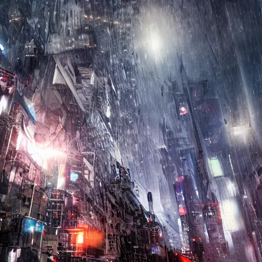 Image similar to a hyperdetailed photograph of iron man flying through the skies of a cyberpunk, futuristic city, night, dense fog, rain, hd, 8 k resolution