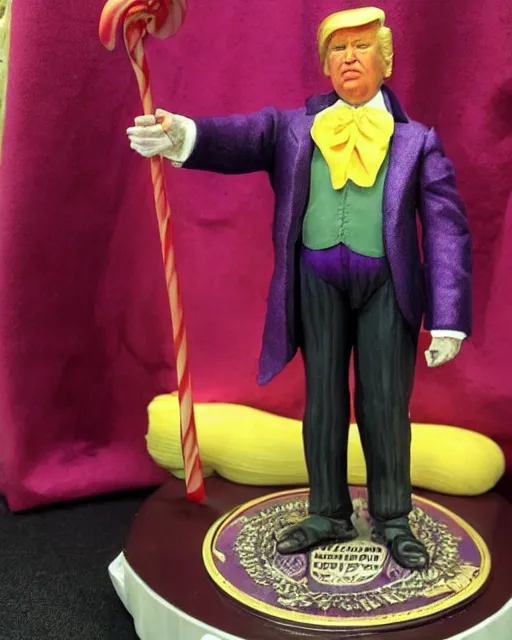 Image similar to maquette sculpture of donald trump as willy wonka, he is wearing a victorian era purple jacket and pants, and a velvet purple top hat over his long orange hair. he is holding a candy cane colored cane. his skin is an orange color like an oompa loompa. in the style of sideshow collectibles, highly detailed sculpture