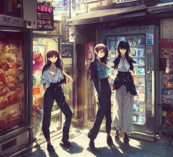 Image similar to Two beautiful anime women, standing in front of a vending machine outside of a Japanese convenience store, in a narrow Tokyo alleyway, gorgeous sunlight and shadows, D&D, fantasy, highly detailed, digital painting, artstation, concept art, sharp focus, illustration, in style of GUWEIZ and WLOP and NIXEU and Craig Mullins