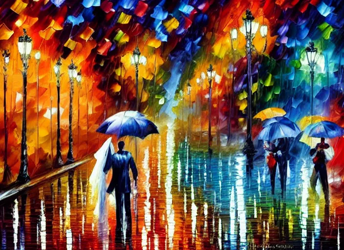 Image similar to A romantic wedding in the rain, painting by Leonid Afremov