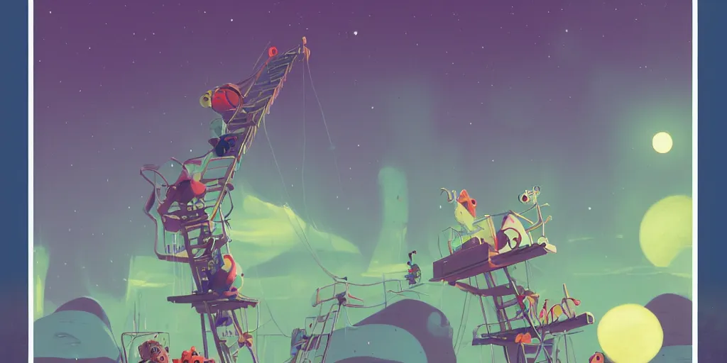 Prompt: cute cartoon monsters climbing ladders to saturn at night with aurora borealis by goro fujita and simon stalenhag and wes anderson and alex andreev and salvador dali and chiho aoshima and beeple and banksy and kandinsky and magritte and basquiat and picasso, 8 k, trending on artstation, hyper detailed, cinematic