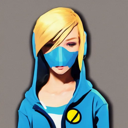 Prompt: greg manchess portrait sticker of a beautiful teen girl with blonde hair, wearing a blue hoodie, as an overwatch character, medium shot, asymmetrical, swedish, sticker, profile picture, organic painting, matte painting, bold shapes, hard edges, street art, trending on artstation, by huang guangjian and gil elvgren and sachin teng