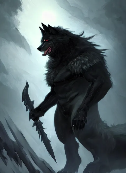 Prompt: A concept art of a big and bulky humanoid wolf with black fur, giant black sword, glowing red eyes, evil look. In style of Hyung-tae Kim, Greg Rutkowski and Larry Elmore, concept art, trending on ArtStation, Korean MMORPG, over-detailed art, 8K, epic, dynamic lightning, dynamic pose, half body portrait.