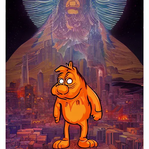 Prompt: the second coming of garfield by dan mumford, yusuke murata, makoto shinkai, ross tran, cosmic, heavenly, god rays, intricate detail, cinematic, 8 k, cel shaded, unreal engine, featured on artstation, pixiv